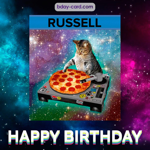 Meme with a cat for Russell - Happy Birthday