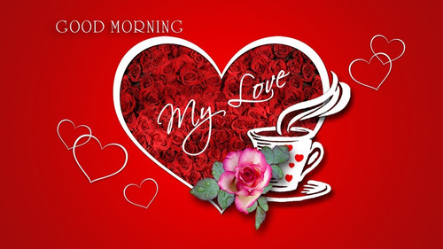 white heart with red roses and a mug of hot drink