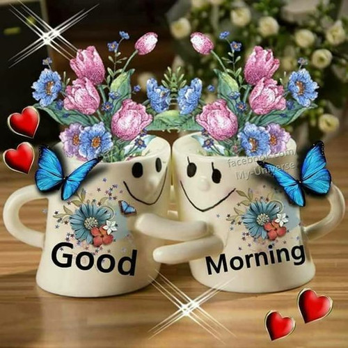Mugs with flowers hug and wish good morning