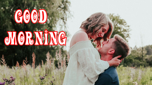 A happy couple in love in the morning on the background o...
