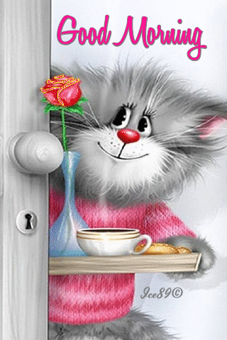 a grey furry cat carries a tray with Breakfast and flowers