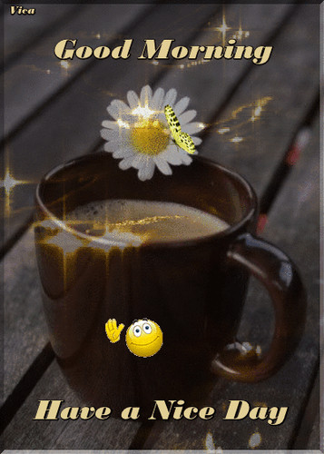 the smiley on the mug waves his hand, and the butterfly f...