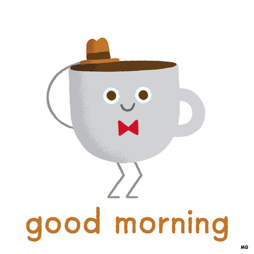 A Cup of coffee greets everyone with a raised hat