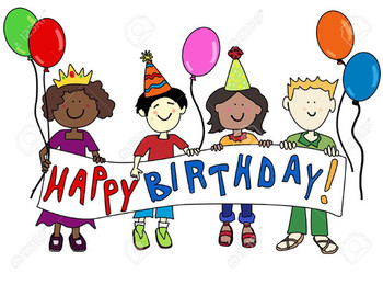 Happy multicultural cartoon kids holding a happy birthday...