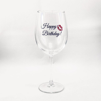 Happy birthday wine glass with a kiss the crystal shoppe