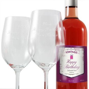 Birthday rose wine and two glasses for her birthdays spec...