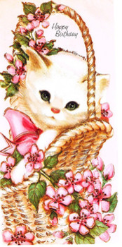 Vintage birthday card kitten pink flowers basket kitties in