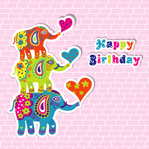 Floral elephants with happy birthday background vector ve...