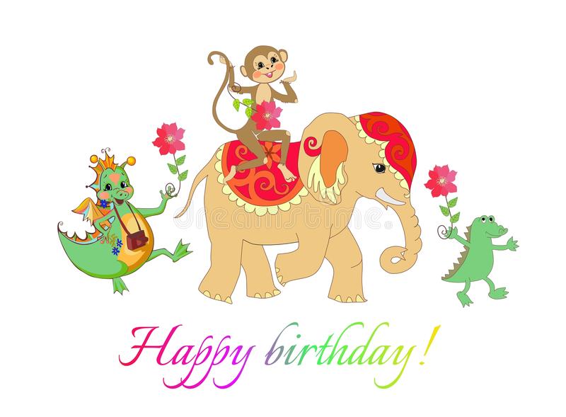 Colorful cute happy birthday card with cheerful elephant