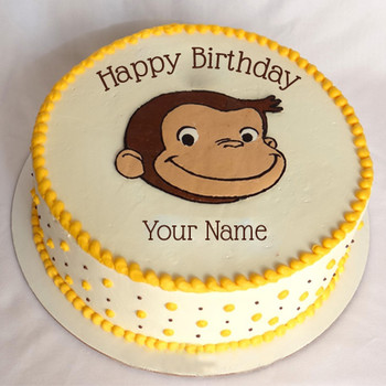 Write name on funny birthday cake with cute monkey