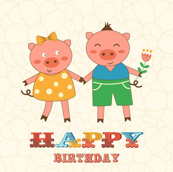 Stylish happy birthday card with cute pigs couple vector ...