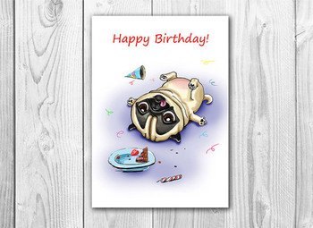 Funny birthday card with pug printable digital greeting c...
