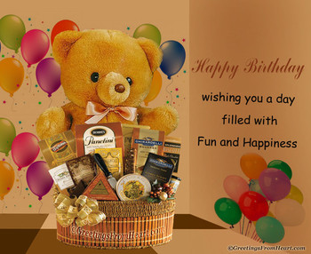 Happy birthday greeting with birthday gift hamper and cut...