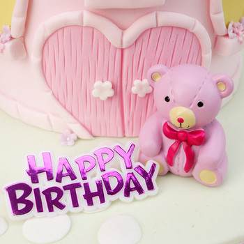 Pink teddy bear and happy birthday motto cake toppers