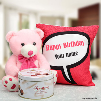 Write name on birthday card with teddy and chocolate