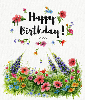 Greeting card happy birthday with lawn of wild flowers and