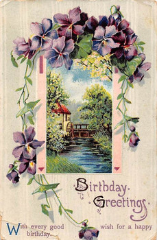 Birthday greetings good happy wish violets flowers waterm...