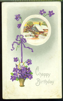 A happy birthday hanging basket of violets water wheel