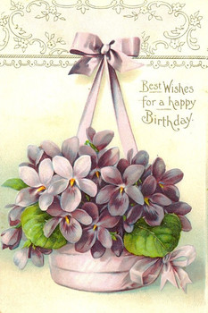 Hanging basket of violets birthday sentiment vintage
