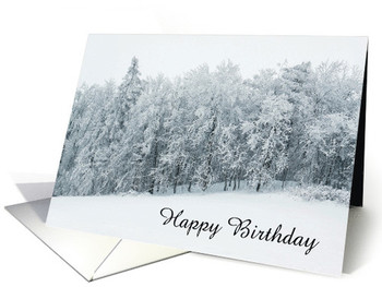 Happy birthday snow covered evergreen trees snow custom c...