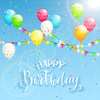 Text Happy Birthday and decoration on sky background 1