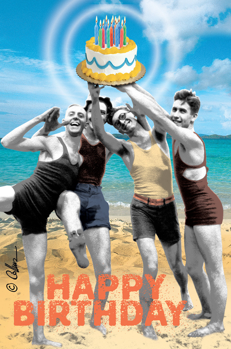 Gay sexy retro young happy athletic birthday men beach fun
