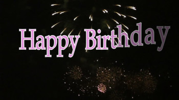 Happy birthday animated text in pink with fireworks displ...