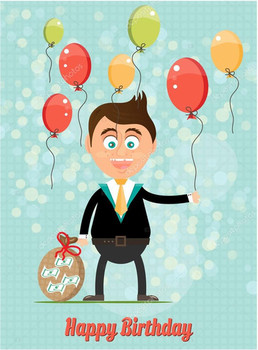 Birthday card with smiling happy young standing businessman