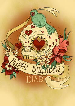 Happy birthday sugar skull card with tattoo scroll by dia...