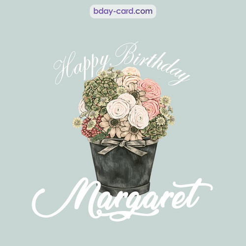 Birthday pics for Margaret with Bucket of flowers