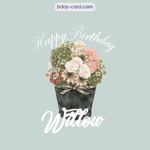 Birthday pics for Willow with Bucket of flowers
